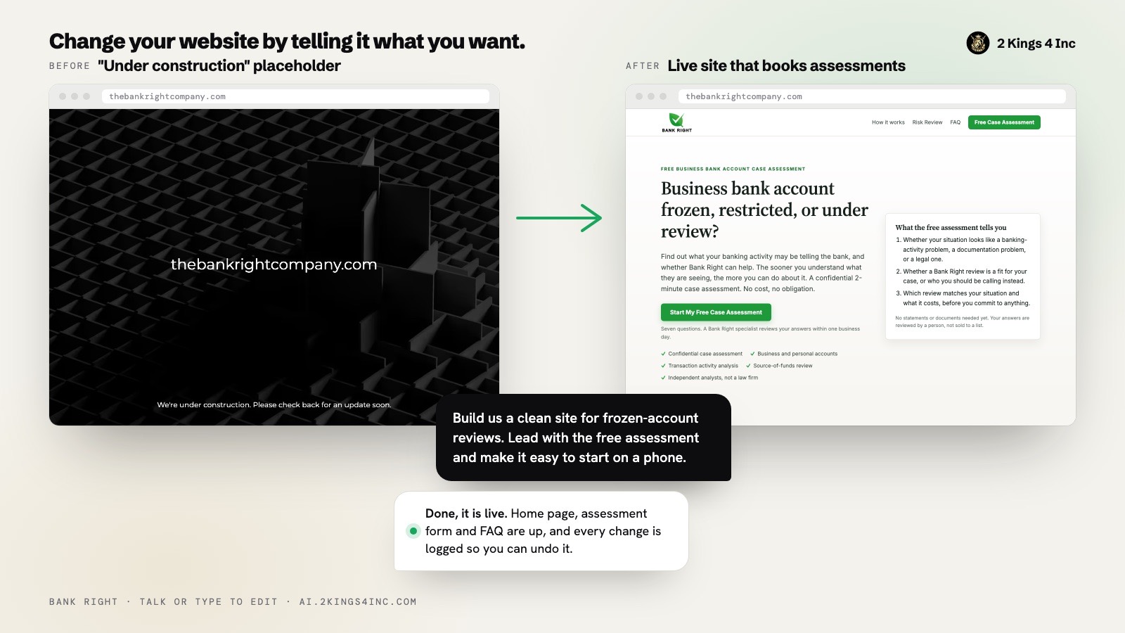 Bank Right: an "under construction" page became a site that books free assessments, in days.