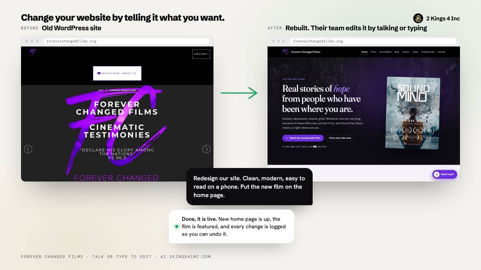 Forever Changed Films: the old site, and the rebuilt site their own team now edits by talking or typing.